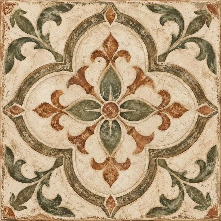 Valdoria Terra™ -style ceramic tile, design, intricate geometric inspired shapes, hand-painted look, rich Mediterranean kitchen