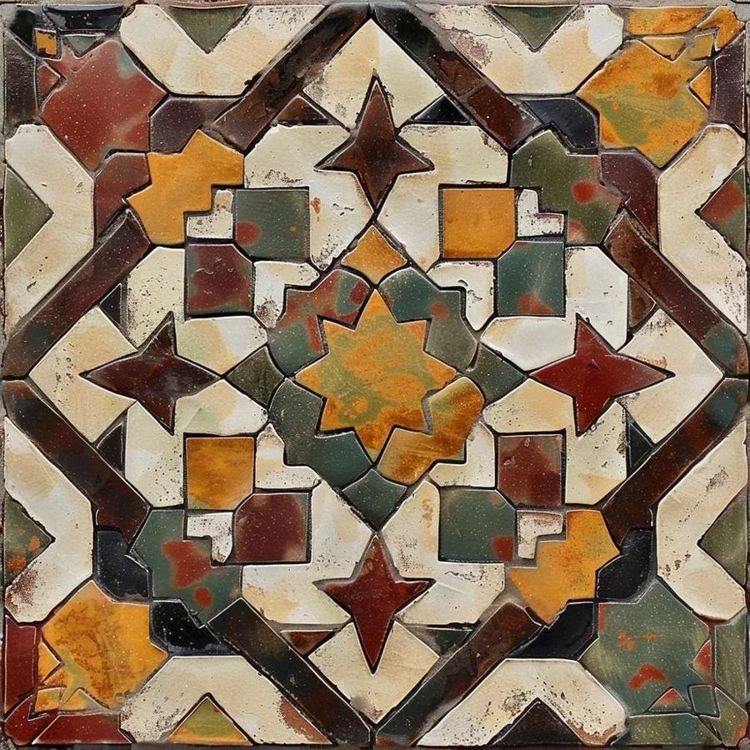 Atlas Desert Mosaic Moroccan-style ceramic tile, design, intricate geometric inspired shapes, hand-painted look, rich Mediterranean kitchen